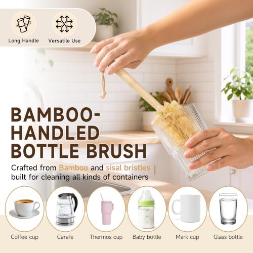 SAMEBUTECO 5-Piece Bamboo Dish Brush Set with Sisal Bristles - Image 3
