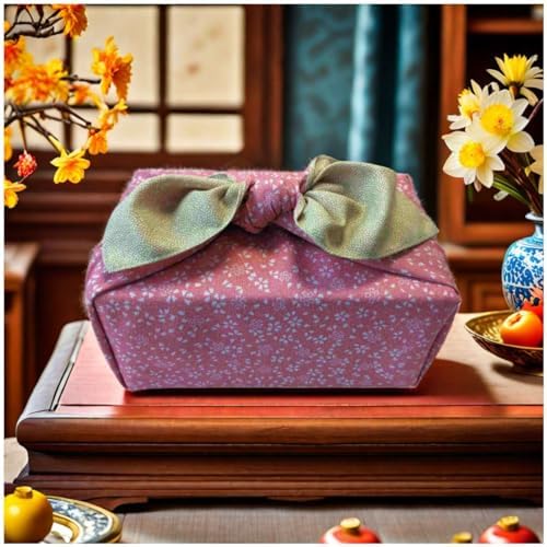 Furoshiki Japanese Wrapping Cloth - Large 27.6 Inch Reversible Eco Gift Wrap, Reusable Bento Bag Christmas Birthday, Cherry Blossom Design (Leaf Green & Pink) - Image 2