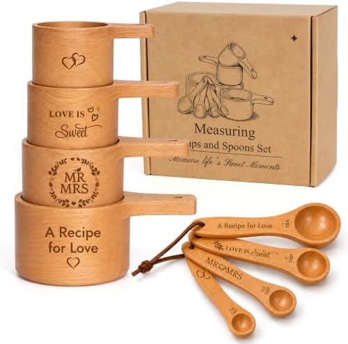 Wedding Gifts for Couple, Mr ＆ Mrs Wooden Measuring Cups and Spoons Set, Engagement Gift for Newly Engaged, Bridal Shower and Bachelorette Gifts for Bride, Kitchen Gadgets for Cooking & Baking by boxchess