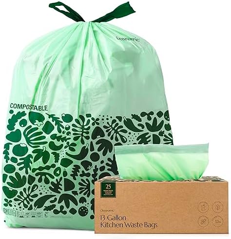 Cleanomic Compostable* Waste Bags with Drawstring (13 Gallon, 25 Units, Tall), BPI Certified For Kitchen Compost by Cleanomic