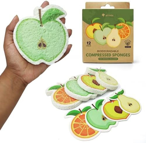 AIRNEX Compressed Cellulose Sponges - 12 Pack Fruit Shaped Natural Pop Up Dish Sponge for Kitchen - Compostable, Plant-Based, Non Scratch Cleaning Sponges Bulk for Dishes & Household Cleaning by Airnex