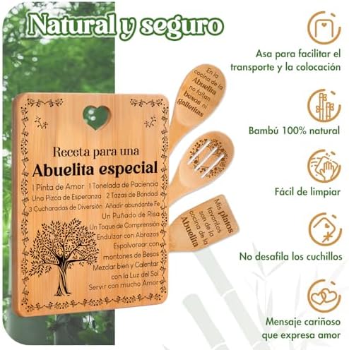 Regalos de cumpleaños para Abuelita - "Receta para una Abuelita especial". Juego de tablas de cortar y utensilios de bambú grabados. Regalos de cumpleaños para Abuelita. Spanish Grandma Cutting Board - Image 6