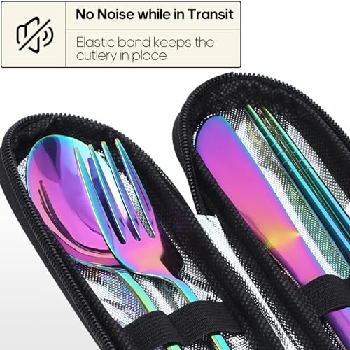 Travel Utensils with Case, Quatish Portable Silverware Set for Work, Stainless Steel Reusable Travel Cutlery Set, Fork and Spoon Set for Camping, Picnic, Gadgets, Lunch Box for Men, Rainbow - Image 3
