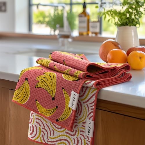 RECYCO Waffle Kitchen Towel Set of 2 - Quick Dry Microfiber Sustainable Dish Towels - Ultra Absorbent Reusable Cleaning Tea Towels - Lightweight Hand Towels,16”x 28”, Banana Joy by RECYCOHOMECOLLECTION