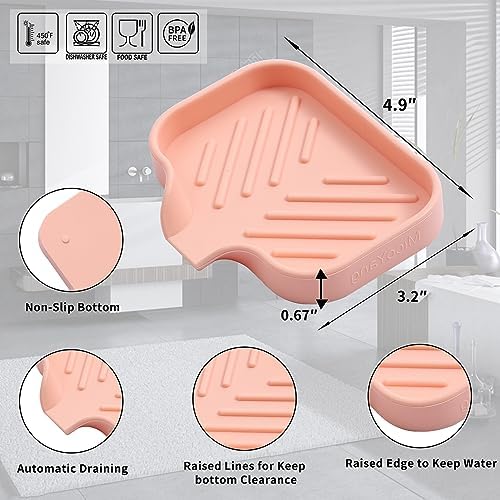 MicoYang Silicone Soap Dish with Drain Spout, Self-Draining Sink Organizer Tray for Bathroom and Kitchen, Sponges, Dispensers and Soap Holder, Non-Slip and Dishwasher Safe, Pink (Compact, 4.9"×3.2") - Image 2
