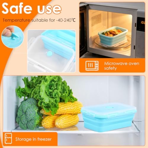 4Pcs Collapsible Silicone Food Container with Lid Heat Resistant Foldable Food Storage Containers Microwave Dishwasher and Freezer Safe 350/500/800/1200 ml for Kitchen Picnic Travel(Sky Blue) - Image 4