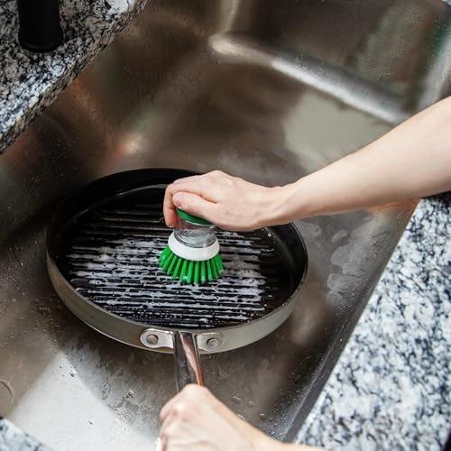 Libman Palm Brush with Soap Dispenser – Dish Brush for Pots, Pans & Kitchen Sink Cleaning – Ergonomic Grip, Non-Leaking Button, Durable Angled Bristles – Recycled PET Fibers – 4” x 3.25” - Image 4