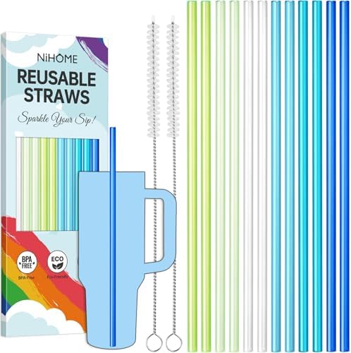 NiHome 12-Pack Plastic Reusable Straws Fit for Stanley 40 30 64 oz Tumbler by NiHome