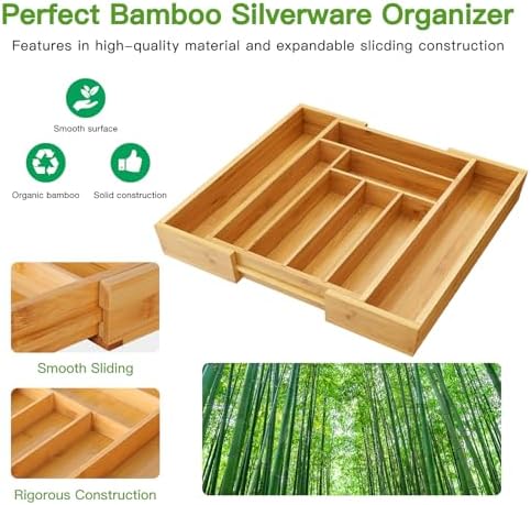 Pipishell Bamboo Expandable Silverware Drawer Organizer, Adjustable Kitchen Utensil Tray for Forks, Spoons and Knives, Wood Storage Cutlery Holder for Bedroom and Living Room - Image 5