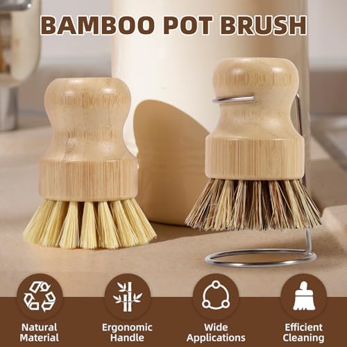 SAMEBUTECO 6-Piece Bamboo Dish Brush Set with 2X Fast-Dry Stainless Steel Holder,3xNatural Sisal Bristle Brush & 1xPalm Bristle Kitchen Cleaning Brushes for Dishes, Pots, Pans & Sink - Image 2