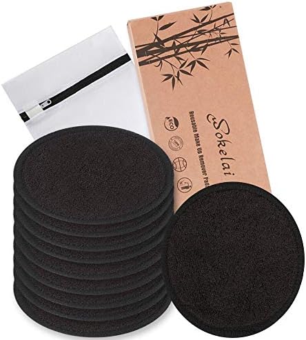 Reusable Makeup Remover Pads Black Washable - 10 Pack Organic Cotton Rounds for Face Eye with Laundry Bag, Facial Cleansing Cloth Towel, Make-Up Removal Wipes for All Skin Types by wokelai