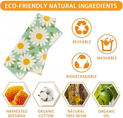Reusable Beeswax Wraps, Daisy Beeswax Wraps, 9 Pack Eco-Friendly Food Storage, Organic, Sustainable, Zero Waste, Plastic-Free, Sandwich, Bread, Bowl Cover, 1XL, 3M, 5S - Image 3