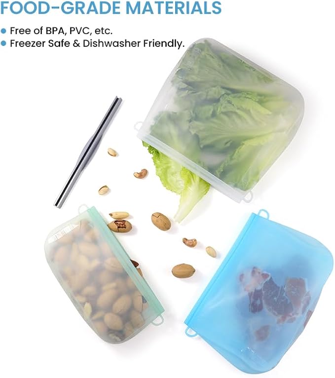 Reusable Silicone Food Storage Bags: Leak-Reistent Stand-up Pouches for Meal Prep, Sandwiches, Snacks, Baby Food, 3 Pack (500ml, 1000ml, 1500ml). BPA-Free, Freezer and Dishwasher Safe, Eco-Friendly