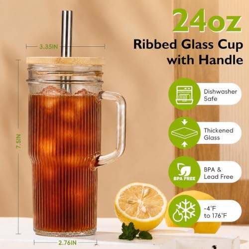 JunVpic Glass Tumbler, 24 oz Ice Coffee Cups with Bamboo Lid and Handle - Image 2