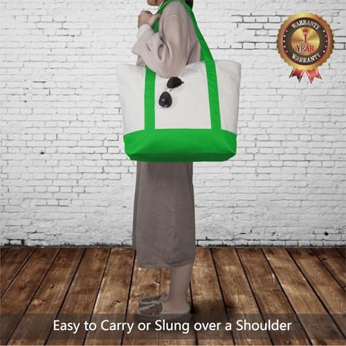 TOPDesign 3-Pack Canvas Tote Bags with an External Pocket, Reusable Grocery Shopping Bags, Top Zipper Closure, Daily Essentials (Lime Green/Natural) - Image 2