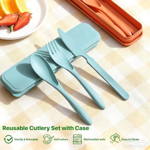 Travel Utensils with Case, 12 Sets Camping Utensil Sets, Wheat Straw Portable Knife Fork Spoons Tableware, Reusable Utensils for Lunch Box (Multi) - Image 3