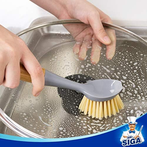 MR.SIGA Dish Brush with Bamboo Handle Built-in Scraper, Pack of 2 - Image 3