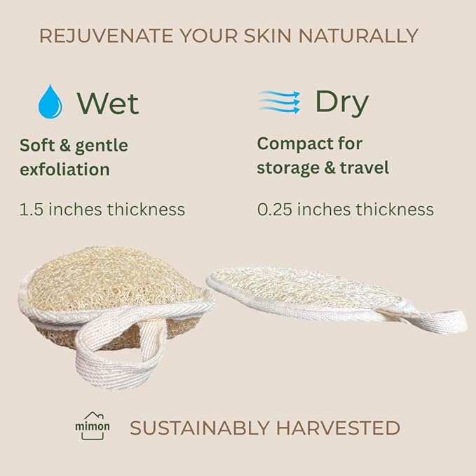 Double Sides Natural Loofah Sponge, Exfoliating Body Scrubbers (2 Pack), Biodegradable Bath Sponge, Gentle, Chemical-Free Bath & Body Loofah for Women, Men, Kids, Made with Natural Loofah