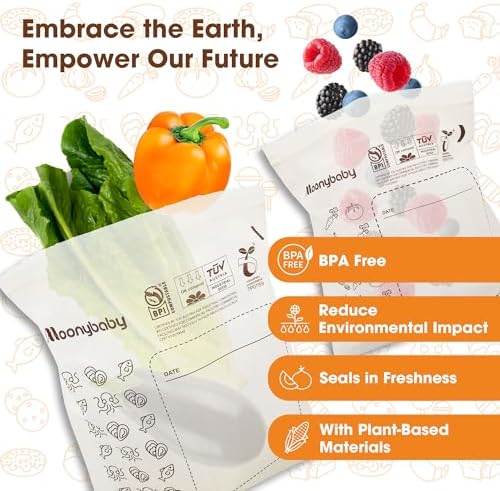 Moonybaby Compostable Snack Size Food Storage Bags (60 Count), Organic Food Storage Container with Food-Safe Zip Seal, Freezer and Leak Proof - Image 5