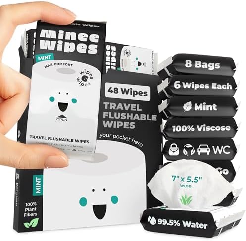 Impossibly Compact Travel Flushable Wipes - 99.5% Water and Aloe - Safe for Sensitive Skin - Travel Essentials for Adults & Kids, Mint, 8 Pack 48 Wipes by MINEEWIPES