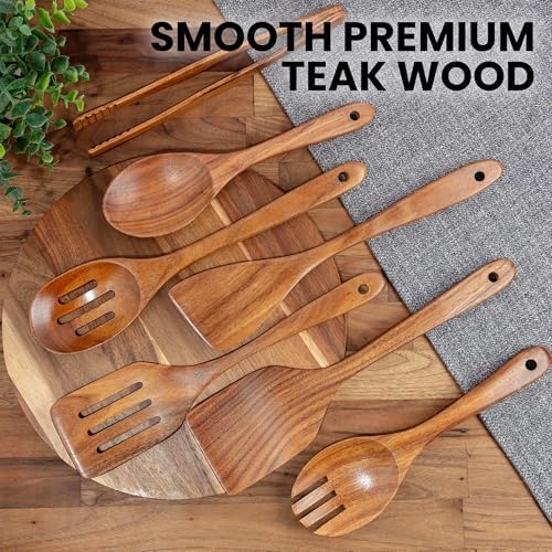 Zulay Kitchen Teak Wood Utensil Set – 7 Piece Wooden Cooking Utensils – Slotted Spoon, Bowl Scraper, Solid & Slotted Turner, Salad Spoon, Fork & Tongs – Durable, Nonstick Safe & Smooth Finish - Image 3
