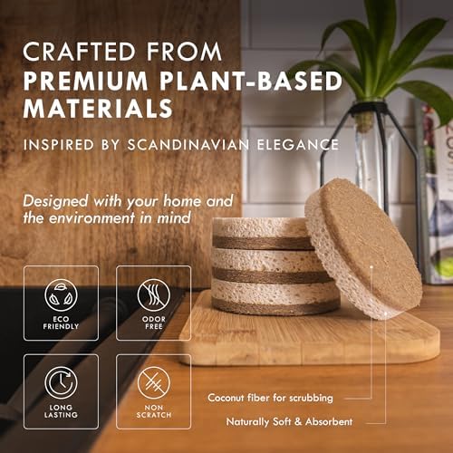 Round Organic Kitchen Sponges 6-Pack – Non Toxic Sponges for Dishes, Natural Dish Sponge Set, Plant Based Cellulose & Coconut Fiber Sponge, Biodegradable, Compostable, Eco Friendly - Image 2