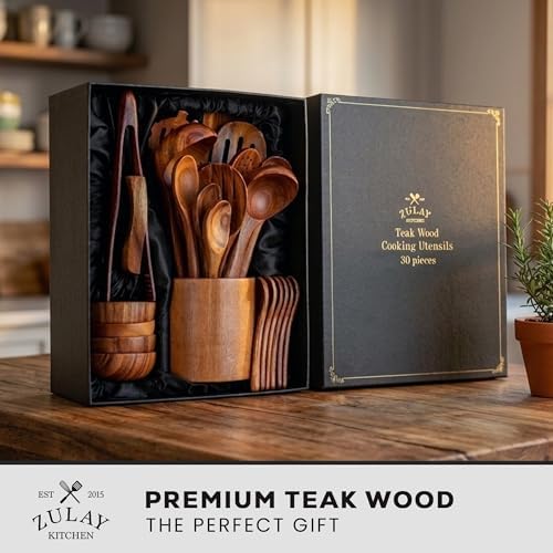 Zulay Kitchen 30-Piece Teak Wooden Utensils - Natural Teak Cooking Utensils with Premium Gift Box - Non-Stick Wooden Spoons - Kitchen Gift Set - Comfortable Grip - Image 2