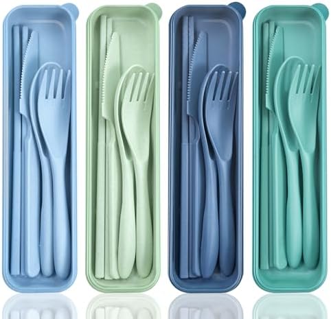 DISSKNIC Green Travel Utensils with Case, Reusable Utensil Sets for Lunch Box, Chopsticks Reusable Plastic Utensils Lunch Box Accessories for Adults,Portable Utensils Set with Case,Camping Accessories by DISSKNIC