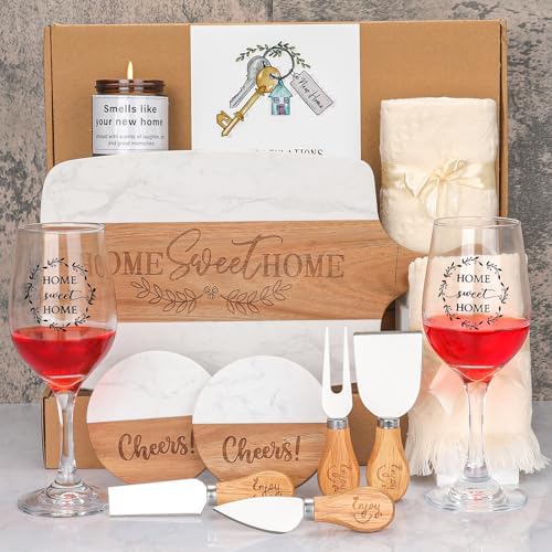 House Warming Gifts New Home – Marble & Acacia Wood Cheese Board, 4 Cheese Knives, Candle, 2 Wine Glasses, 2 Coasters, Greeting Card – Home Sweet Home Gift for Couples, Friends, New Homeowners by Elysirise
