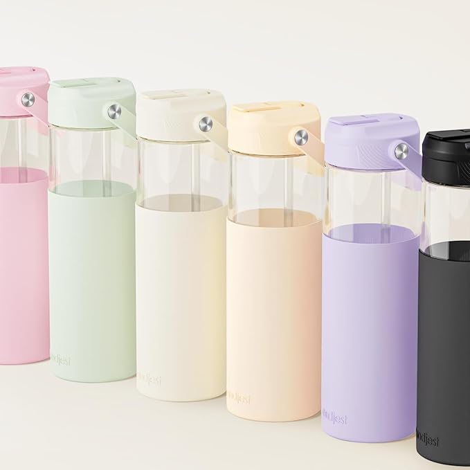 Glass Water Bottle with Silicone Sleeve and Straw Lid 20oz for Girls Women, Glass Drinking Bottles for Travel Home Gym Sports (Ivory Cream)