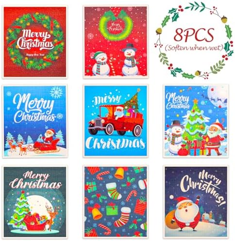 Lucomb 8 Pack Christmas Swedish Dishcloths Reusable, Kitchen Sponges Soft Absorbent Swedish Towels Dish Cloths Washable Decorative for Kitchen Washing Dishes Bathroom Office Hand Towel Cleaning by Lucomb