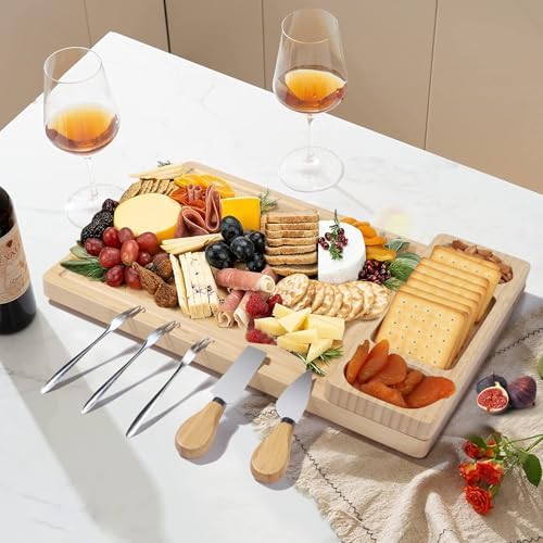 Premium Bamboo Cheese and Charcuterie Board Set - Large Wooden Serving Tray with Hidden Knife Storage, Cheese Knives & Forks - Perfect for Cheese, Meats, Fruits - Ideal Gift for Parties & Holidays - Image 2