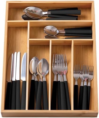 COOK WITH COLOR Bamboo Kitchen Utensil Set with Drawer Organizer | Cooking Tools and Storage Caddy, Black, 25 Piece Cutlery Set by CookwithColor