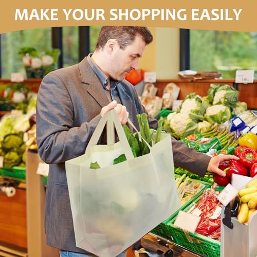 50 Pcs 50 Pcs Reusable Tote Bag with Handles Bulk 16.1'' X 6.3'' X 11.8'' Extra Large Non Woven Grocery Shopping Bags for Boutiques Retail Store(Beige) - Image 3