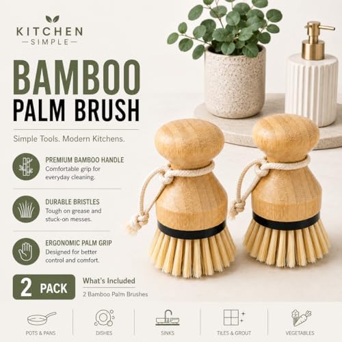 Kitchen Simple Bamboo Palm Brush Set, 2 Pack Dish Scrub Brushes for Pots, Pans, Dishes & Sink Cleaning, Durable Bristles, Bamboo Handle, Black Accent & Cotton Hanging Loop - Image 7