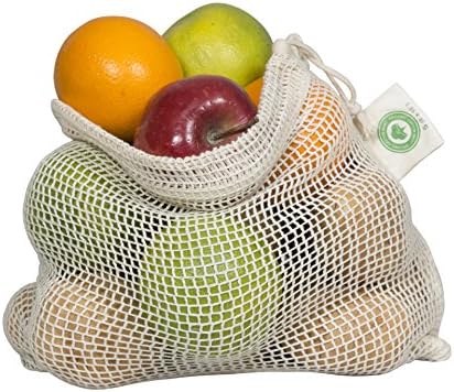 Reusable Cotton Mesh Produce Bags - 100% Organic Cotton, 8"x10", Drawstring Closure Mesh Bags to Store Cilantro, Lime and Small Vegetables and Produce (3 Small - 8"x10") by OrganicCottonMart