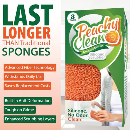 Peachy Clean Silicone Dish Sponge Scrubbers, Fresh Peach Scent, Non-Scratch, Odor-Resistant, Durable Dish Sponges for Kitchen 3pk - Image 4