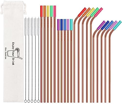 20 Pcs Rose Gold Reusable Stainless Steel Straws,10.5" & 8.5" Reusable Drinking Straws with 20 Silicone Tips 5 Straw Brushes 1 Travel Case,Eco Friendly Extra Long Metal Straw for 20 24 30 oz Tumbler by MUTNITT