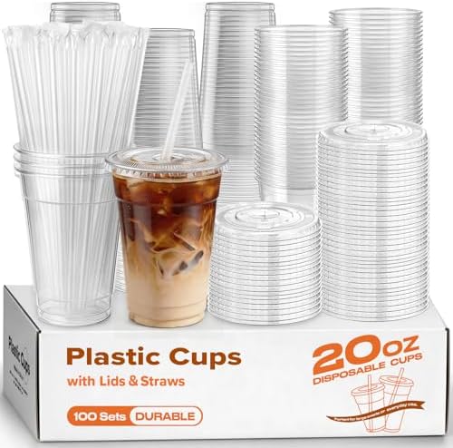 100 Pack 20oz Plastic Cups with Lids and Straws, Clear Disposable Plastic Cups, Heavy Duty Iced Coffee Cups with Leak-Resistant Lids, Cold Drink Cups for Smoothies, Juice, Soda & Party To Go by Unknown