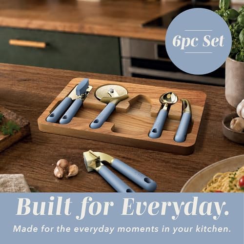 COOK WITH COLOR 6-Piece Kitchen Tool Set with Acacia Wood Cutting Board, Can Opener, Pizza Cutter & Prep Essentials, Blue - Image 7