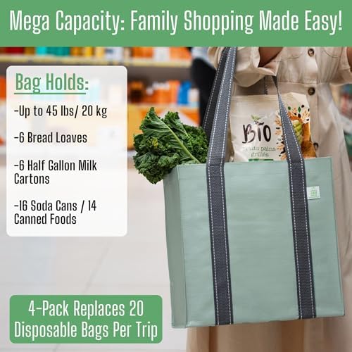 VENO 2/4 Pack Compact Reusable Grocery Shopping Bags with Hard Bottom - Image 5
