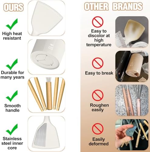 Umite Chef Silicone Kitchen Utensil Set, 34PCS Heat Resistant Kitchen Gadgets and Tools With Grater, Cream White Wood Handles for Nonstick Cookware - Image 6