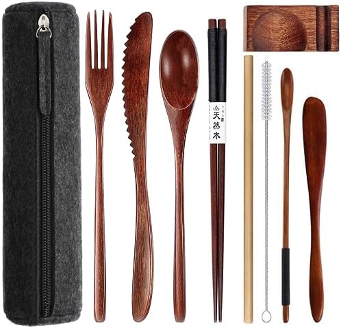 Wooden Utensils for Eating wooden cutlery set with Updated case Reusable 9 Pcs Travel Utensils Wooden Bamboo Fork and Spoon Set Wood Flatware Set for Eating with Knife Fork Spoon Chopsticks by Busnos