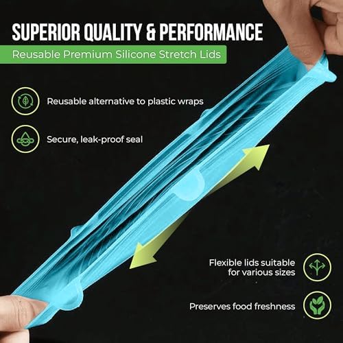 Reusable Silicone Stretch Lids for Food Storage in Fridge - Elastic Heat-Resistant Bowl Covers, Cups, Cans, Jars - Universal Food Grade Lid for Containers - 7 Pack - Blue Mist Stretchy Lid Set - Image 6