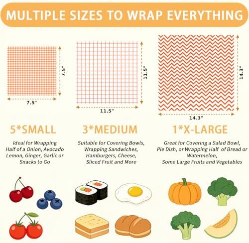 Reusable Beeswax Wraps, Orange Chevron Grid Gingham Wraps, 9 Pack Eco-Friendly Food Storage, Organic, Sustainable, Zero Waste, Plastic-Free, Sandwich, Snack, Bowl Cover, 1XL, 3M, 5S - Image 2