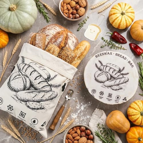 Booson 5 Pcs Beeswax Bread Bags XL(13x17in) Reusable with Bowl Covers Set - Image 4