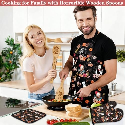 Horror Merch,9Pcs Bamboo Cooking Utensils Set,Spoons with Apron Oven Mitts Pot Holder,Halloween Horror Gifts for Men Women,Horror Decor,Horror Collectibles,Spooky Kitchen Accessories - Image 4