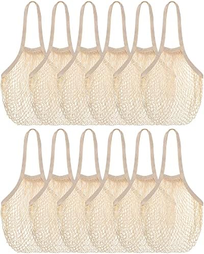 Eccliy 12Pcs Reusable Cotton Mesh Grocery Bag with Handle, Beige, 10 in by Eccliy
