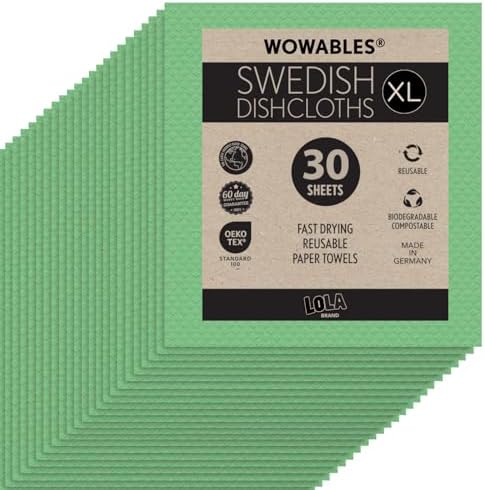 Swedish Dishcloths for Kitchen XL, 30 Sheet Roll, Biodegradable & Compostable, Reusable Paper Towel Cleaning Cloths, 11" x 10", No Odor, Washing Dishes, Ultra Absorbent Cellulose Sponge Towel, By LOLA by LolaProducts