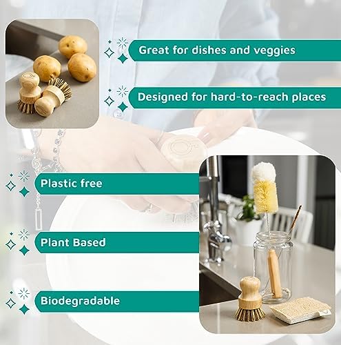 Bamboo Dish Brush Set, Plastic Free Kitchen Cleaning Kit - Image 2